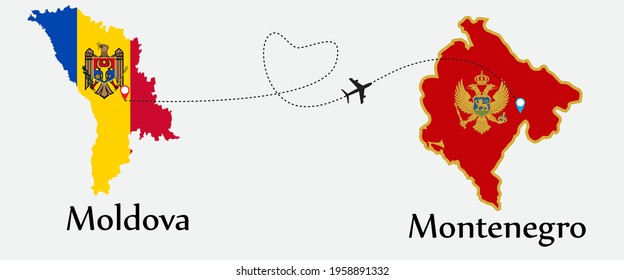 Airplane transport from Moldova to Montenegro. Concept a good tour travel and business of both country. And flags symbol on maps. EPS.file.