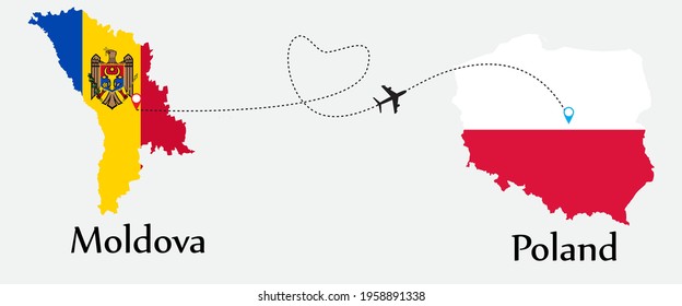Airplane transport from Moldova to Poland. Concept a good tour travel and business of both country. And flags symbol on maps. EPS.file.