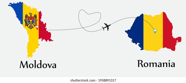 Airplane transport from Moldova to Romania. Concept a good tour travel and business of both country. And flags symbol on maps. EPS.file.