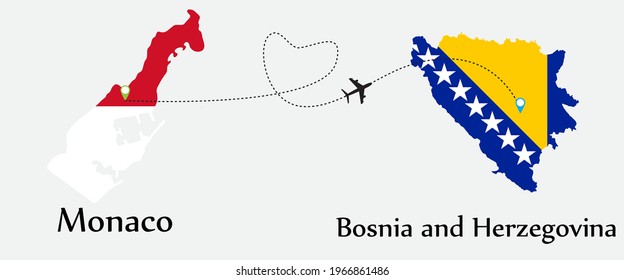 Airplane transport from Monaco to Bosnia and Herzegovina. Concept a good tour travel and business of both country. And flags symbol on maps. EPS.file.