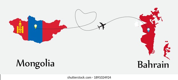 Transporte aéreo de Mongolia a Bahrein. Concepto un buen viaje turístico y de negocios de ambos países. Y símbolo de banderas en los mapas. EPS.file.