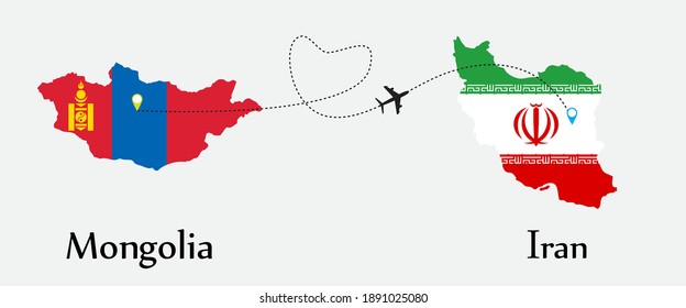 Airplane transport from Mongolia to Iran. Concept a good tour travel and business of both country. And flags symbol on maps. EPS.file.