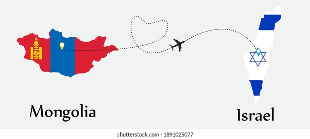 Airplane transport from Mongolia to Israel. Concept a good tour travel and business of both country. And flags symbol on maps. EPS.file.