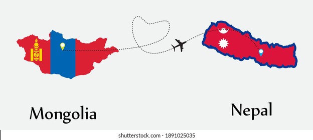 Airplane transport from Mongolia to Nepal. Concept a good tour travel and business of both country. And flags symbol on maps. EPS.file.