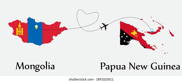 Airplane transport from Mongolia to Papua New Guinea. Concept a good tour travel and business of both country. And flags symbol on maps. EPS.file.