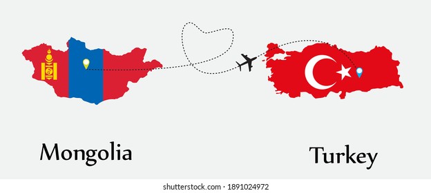 Airplane transport from Mongolia to Turkey. Concept a good tour travel and business of both country. And flags symbol on maps. EPS.file.