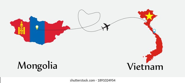 Airplane transport from Mongolia to Vietnam. Concept a good tour travel and business of both country. And flags symbol on maps. EPS.file.