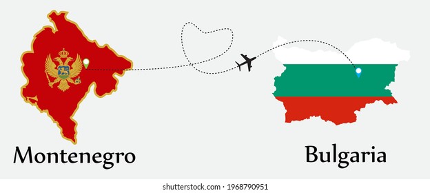 Airplane transport from Montenegro to Bulgaria. Concept a good tour travel and business of both country. And flags symbol on maps. EPS.file.