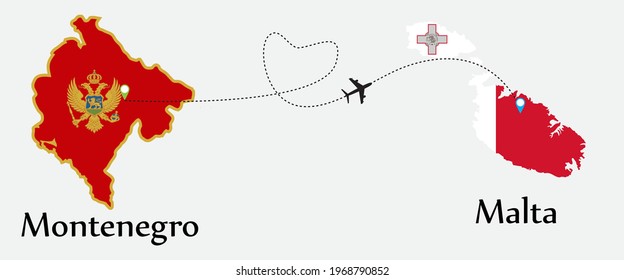 Airplane transport from Montenegro to Malta. Concept a good tour travel and business of both country. And flags symbol on maps. EPS.file.