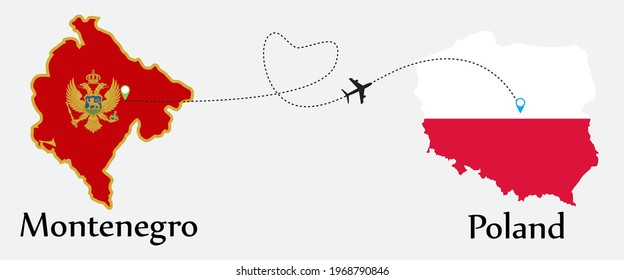 Airplane transport from Montenegro to Poland. Concept a good tour travel and business of both country. And flags symbol on maps. EPS.file.