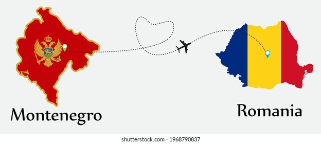 Airplane transport from Montenegro to Romania. Concept a good tour travel and business of both country. And flags symbol on maps. EPS.file.