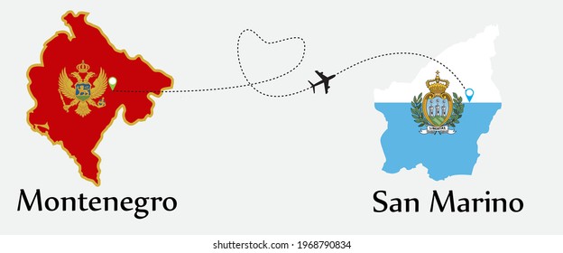 Airplane transport from Montenegro to San Marino. Concept a good tour travel and business of both country. And flags symbol on maps. EPS.file.