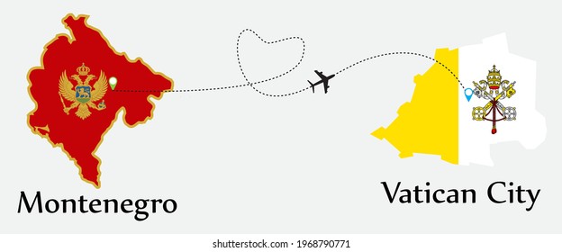 Airplane transport from Montenegro to Vatican City. Concept a good tour travel and business of both country. And flags symbol on maps. EPS.file.
