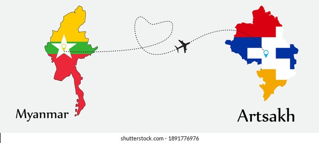 Airplane transport from Myanmar to Artsakh. Concept a good tour travel and business of both country. And flags symbol on maps. EPS.file.