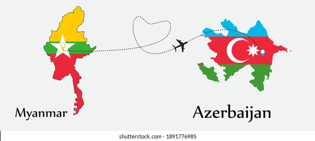 Airplane transport from Myanmar to Azerbaijan. Concept a good tour travel and business of both country. And flags symbol on maps. EPS.file.