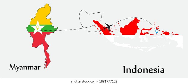 Airplane transport from Myanmar to Indonesia. Concept a good tour travel and business of both country. And flags symbol on maps. EPS.file.