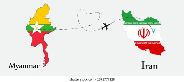 Airplane transport from Myanmar to Iran. Concept a good tour travel and business of both country. And flags symbol on maps. EPS.file.