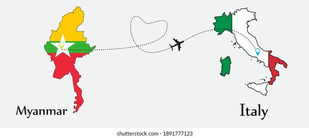 Airplane transport from Myanmar to Italy. Concept a good tour travel and business of both country. And flags symbol on maps. EPS.file.