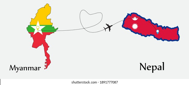 Airplane transport from Myanmar to Nepal. Concept a good tour travel and business of both country. And flags symbol on maps. EPS.file.