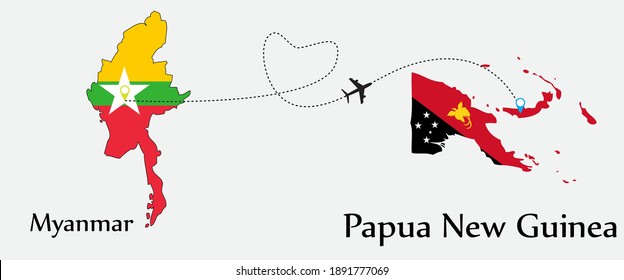 Airplane transport from Myanmar to Papua New Guinea. Concept a good tour travel and business of both country. And flags symbol on maps. EPS.file.