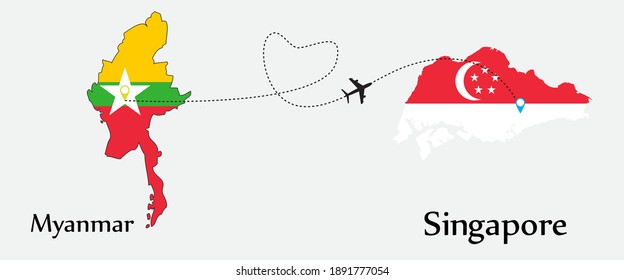 Airplane transport from Myanmar to Singapore. Concept a good tour travel and business of both country. And flags symbol on maps. EPS.file.