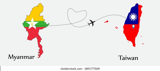 Airplane transport from Myanmar to Taiwan. Concept a good tour travel and business of both country. And flags symbol on maps. EPS.file.