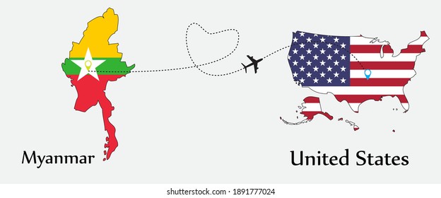 Airplane transport from Myanmar to United States. Concept a good tour travel and business of both country. And flags symbol on maps. EPS.file.