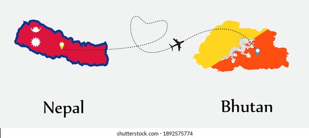 Airplane transport from Nepal to Bhutan. Concept a good tour travel and business of both country. And flags symbol on maps. EPS.file.