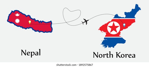 Airplane transport from Nepal to North Korea. Concept a good tour travel and business of both country. And flags symbol on maps. EPS.file.