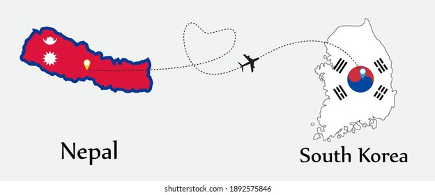 Airplane transport from Nepal to South korea. Concept a good tour travel and business of both country. And flags symbol on maps. EPS.file.