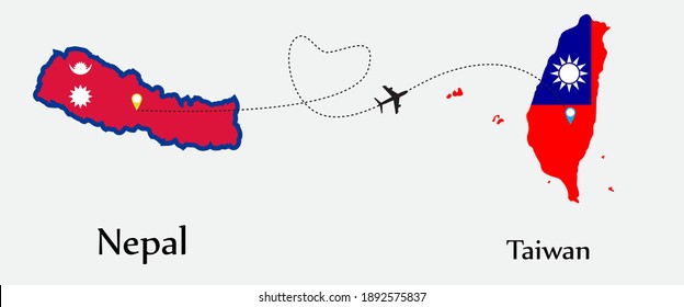 Airplane transport from Nepal to Taiwan. Concept a good tour travel and business of both country. And flags symbol on maps. EPS.file.