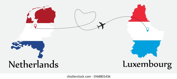 Airplane transport from Netherlands to Luxembourg. Concept a good tour travel and business of both country. And flags symbol on maps. EPS.file.