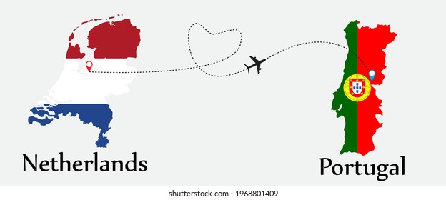 Airplane transport from Netherlands to Portugal. Concept a good tour travel and business of both country. And flags symbol on maps. EPS.file.