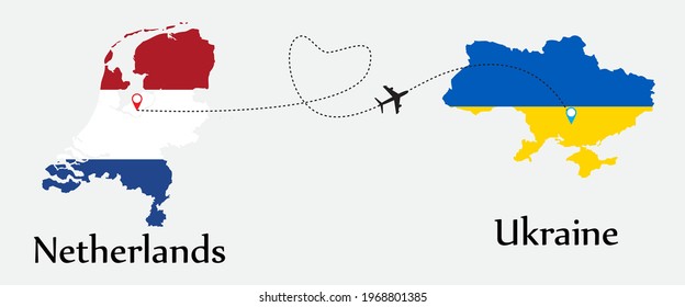 Airplane transport from Netherlands to Ukraine. Concept a good tour travel and business of both country. And flags symbol on maps. EPS.file.