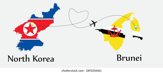 Airplane transport from North Korea to Brunei. Concept a good tour travel and business of both country. And flags symbol on maps. EPS.file.