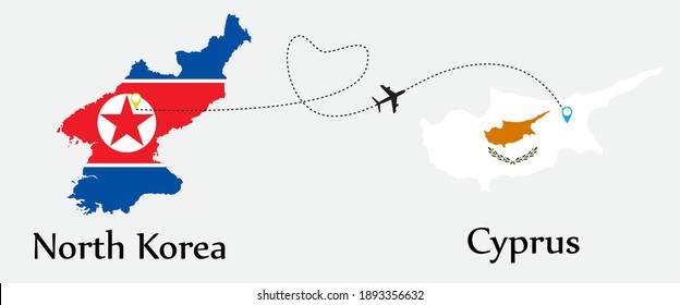 Airplane transport from North Korea to Cyprus. Concept a good tour travel and business of both country. And flags symbol on maps. EPS.file.