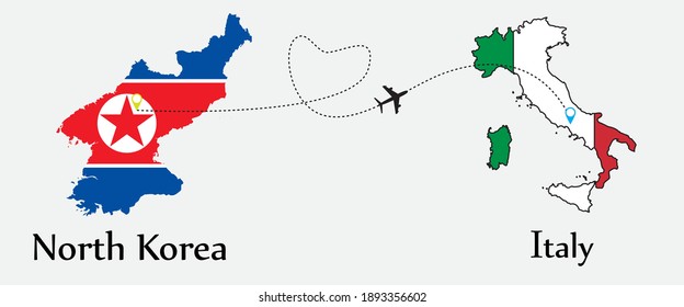 Airplane transport from North Korea to Italy. Concept a good tour travel and business of both country. And flags symbol on maps. EPS.file.