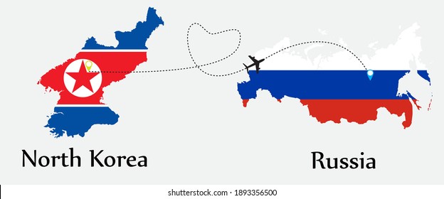 Airplane transport from North Korea to Russia. Concept a good tour travel and business of both country. And flags symbol on maps. EPS.file.