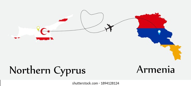 Airplane transport from Northern Cyprus to Armenia. Concept a good tour travel and business of both country. And flags symbol on maps. EPS.file.