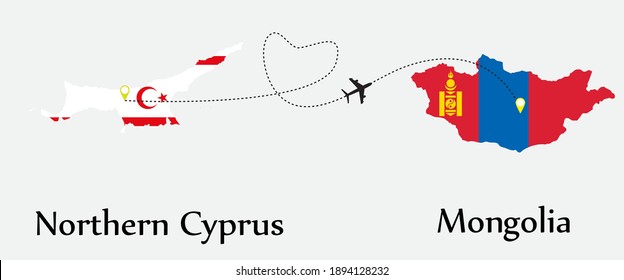 Airplane transport from Northern Cyprus to Mongolia. Concept a good tour travel and business of both country. And flags symbol on maps. EPS.file.