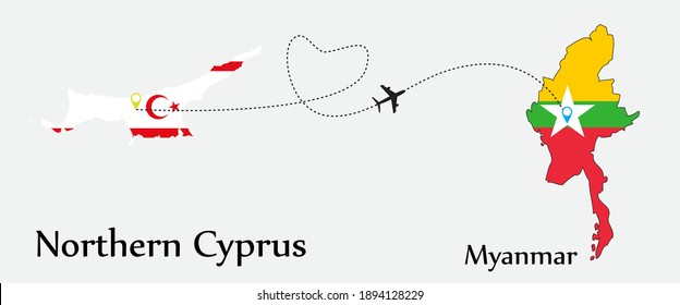 Airplane transport from Northern Cyprus to Myanmar. Concept a good tour travel and business of both country. And flags symbol on maps. EPS.file.