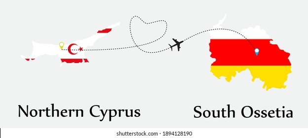 Airplane transport from Northern Cyprus to South Ossetia. Concept a good tour travel and business of both country. And flags symbol on maps. EPS.file.