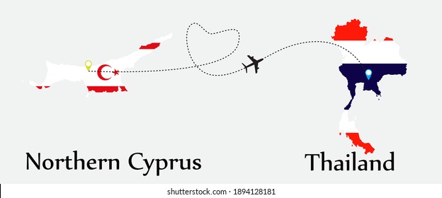 Airplane transport from Northern Cyprus to Thailand. Concept a good tour travel and business of both country. And flags symbol on maps. EPS.file.