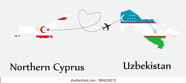 Airplane transport from Northern Cyprus to Uzbekistan. Concept a good tour travel and business of both country. And flags symbol on maps. EPS.file.