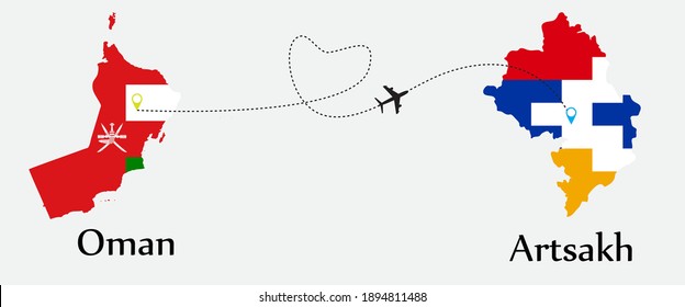 Airplane transport from Oman to Artsakh. Concept a good tour travel and business of both country. And flags symbol on maps. EPS.file.