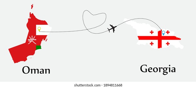 Airplane transport from Oman to Georgia. Concept a good tour travel and business of both country. And flags symbol on maps. EPS.file.