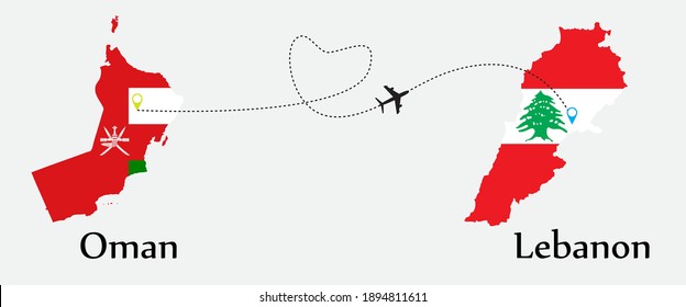 Airplane transport from Oman to Lebanon. Concept a good tour travel and business of both country. And flags symbol on maps. EPS.file.