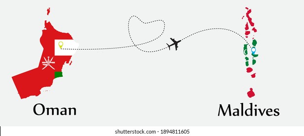 Airplane transport from Oman to Maldives. Concept a good tour travel and business of both country. And flags symbol on maps. EPS.file.