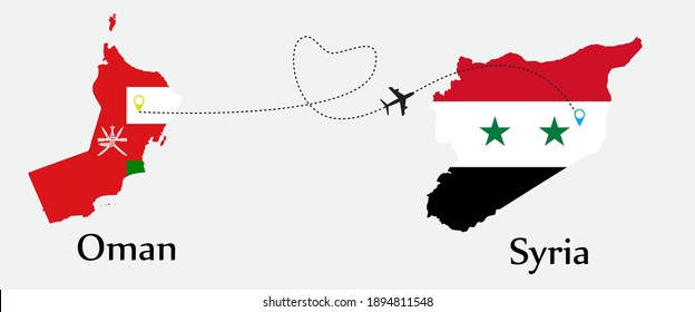 Airplane transport from Oman to Syria. Concept a good tour travel and business of both country. And flags symbol on maps. EPS.file.