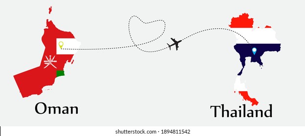 Airplane transport from Oman to Thailand. Concept a good tour travel and business of both country. And flags symbol on maps. EPS.file.